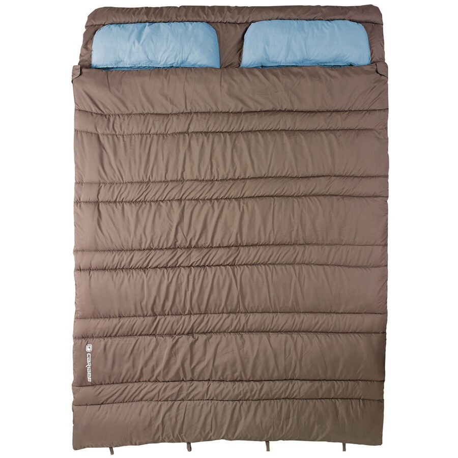 a sleeping bag with brown colour and two blue pillows from shop Big W
