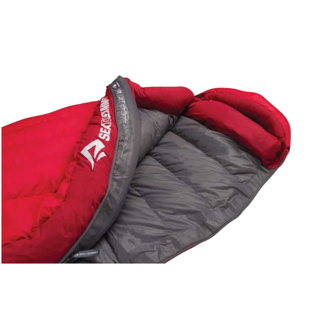 a sleeping bag with red colour outside and dark grey colour inside from shop Sea to Summit